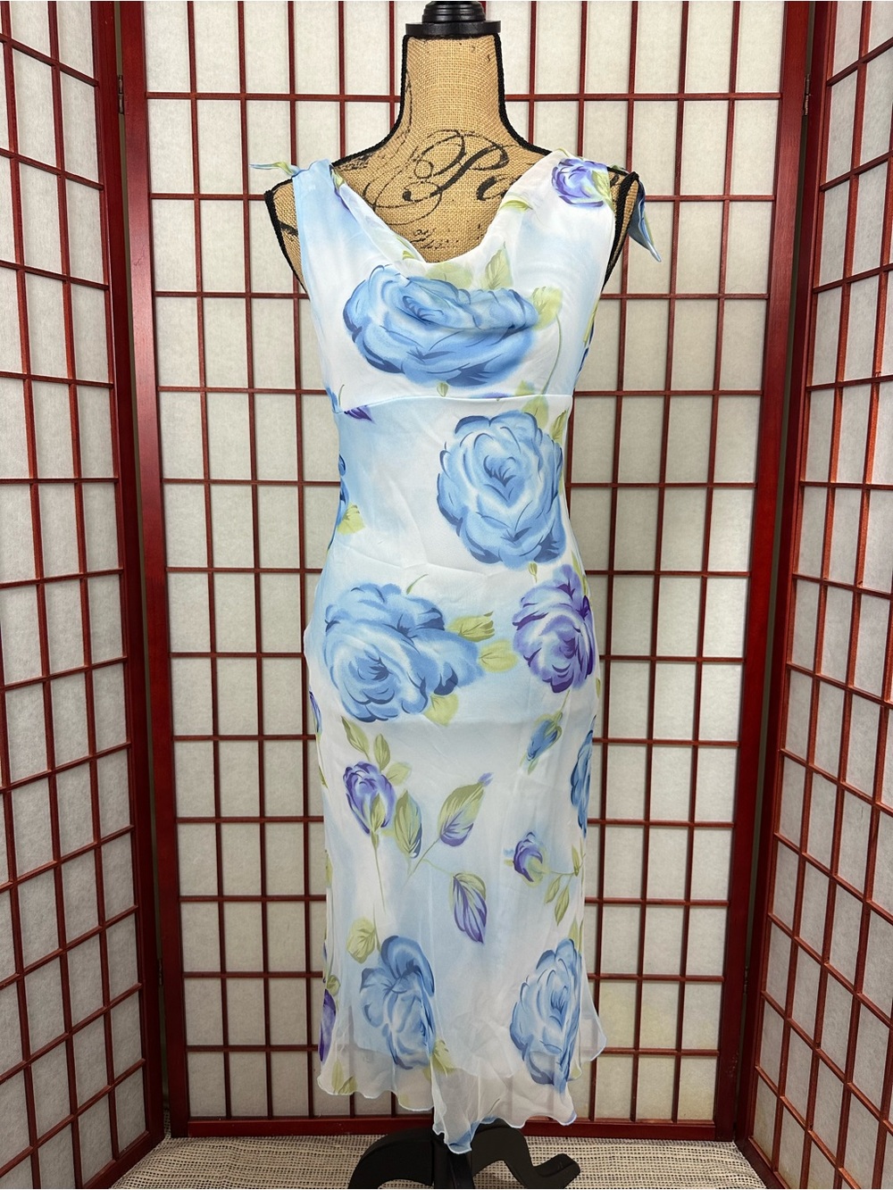 90s City Triangles Blue Floral Cowl Neck Romantic Sleeveless Midi Dress